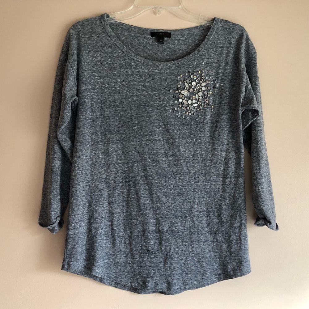 J.Crew Gray Crystal Embellished 3/4 Sleeve Tee XS